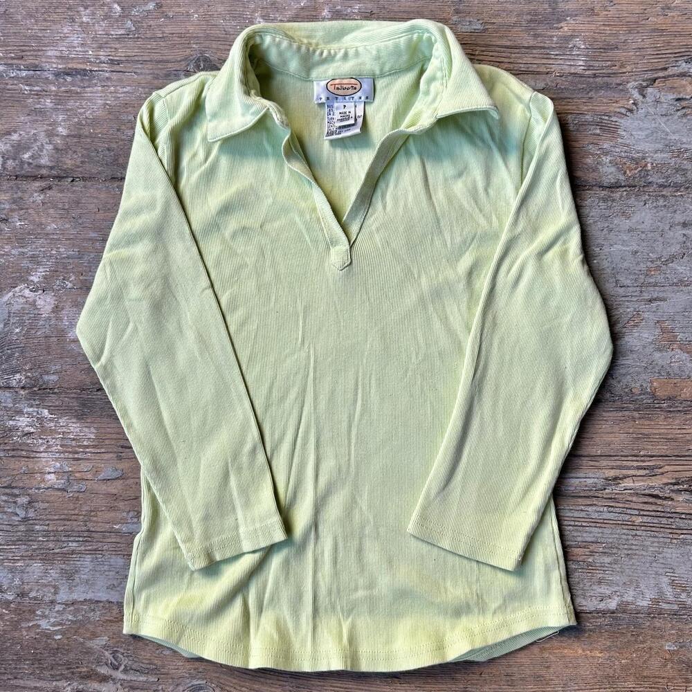 90s Talbots Green Collared V Neck Long Sleeve Shirt - Size P